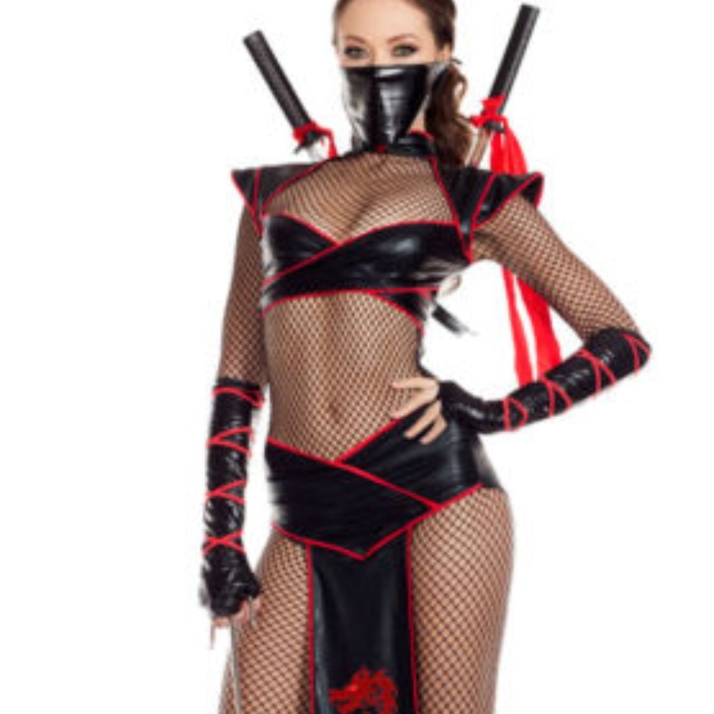 Alluring Assassin Ninja Black Red Bodysuit Costume